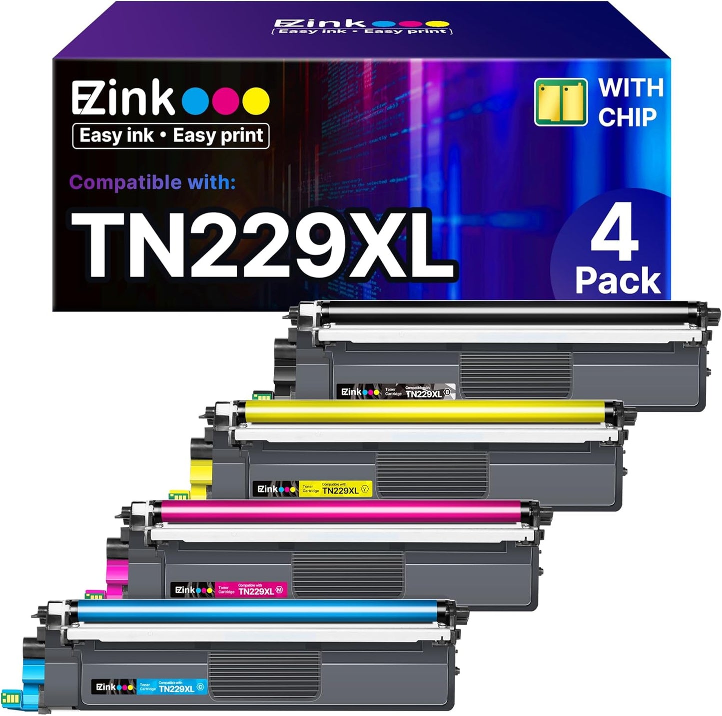 E-Z Ink Compatible TN229XL Toner Cartridges Replacement for Brother TN229XL TN-229XL TN229 XL to use with MFC-L3720CDW MFC-L3780CDW HL-L3220CDW HL-L3280CDW HL-L3300CDW Printer (TN229XLBK/C/M/Y-4 Pack)