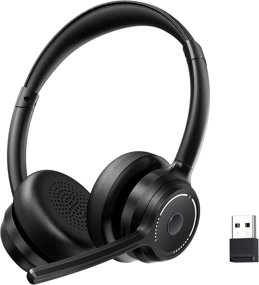 (2025 Upgraded) Wireless Headset with Mic for Work, Bluetooth Headset with Noise Canceling Microphone, Wireless On Ear Headphones with USB Dongle and Mute Mic for Computer