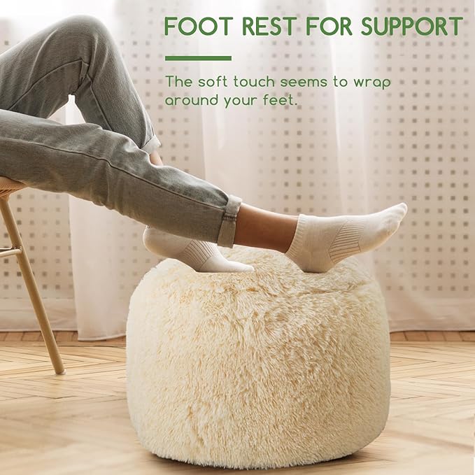 HIGOGOGO Round Stuffed Pouf Ottoman, Long Faux Fur Poufs with Foam Chunk Filling, Fluffy and Furry Pouf Foot Stool Storage Ottoman, 20 X 15 Floor Poufs Foot Rest for Living Room, Beige