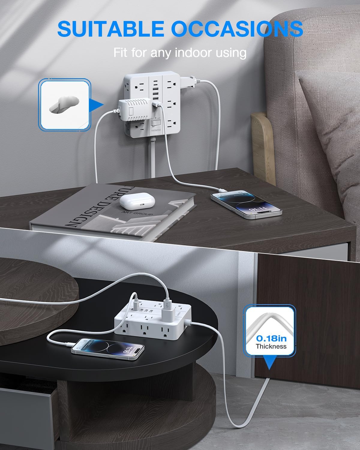 Power Strip with USB Ports, HUNIAN 5Ft Flat Plug Extension Cord Surge Protector, 12 Widely Outlet Extender with 6 USB Charger (2 USB C Ports), Desk Charging Station for Home, Office Supplies