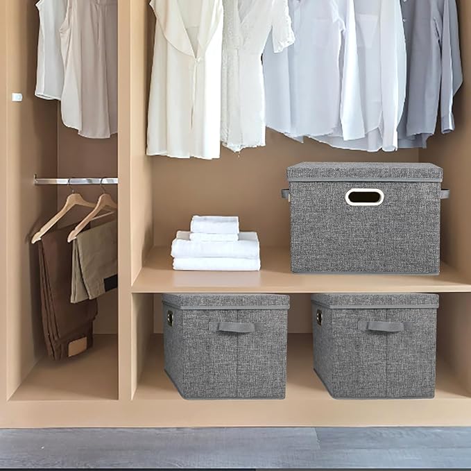 Voova Large Collapsible Storage Bins with Lids, 3 Pack Stackable Line Fabric Cube Storage Organizer, Foldable Closet Storage Boxes Baskets Containers with Cover for Clothes Bedroom Office Home, Grey