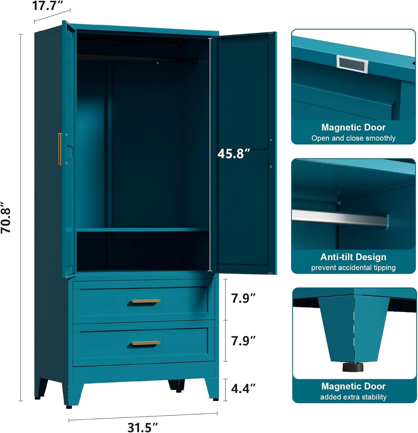 71'' Farmhouse Metal Wardrobe Cabinet with Hanging Rod, 2 Barn Door Wardrobe Closet with Adjustable Shelves,2 Drawer,for Dining Room,Bedroom,Living Room, Cloak Room,Office (Peacock Blue)