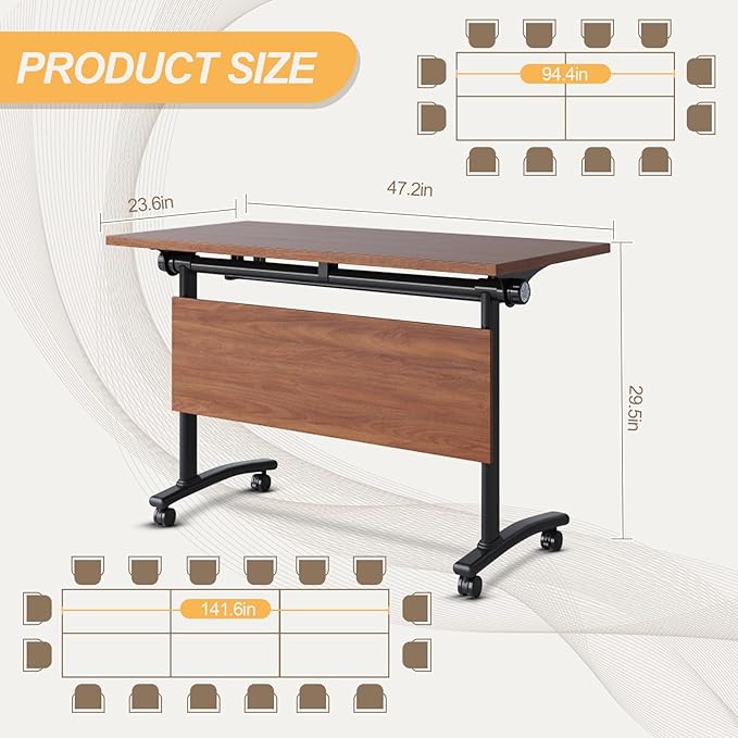 Conference Room Table with Silent Wheels, Mobile Folding Conference Table for 16 Person,Flip Top Office Training Tables with Walnuts Wood Tabletop, for School,Business Meeting Rooms (4 Pack 47in)