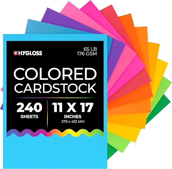 Hygloss Products Bright Colored Cardstock - 240 Sheets - 11x17 Card Stock Paper- 10-12 Bright Colors