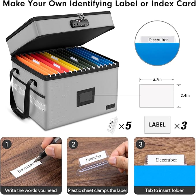 Fireproof Document Box with Lock, 2-Layer File Box Storage Organizer with 5 Tabs& Insert, Portable File Cabinet Storage Box with Handle for Hanging Letter/Legal Size Folder/Certificate, Silver Grey