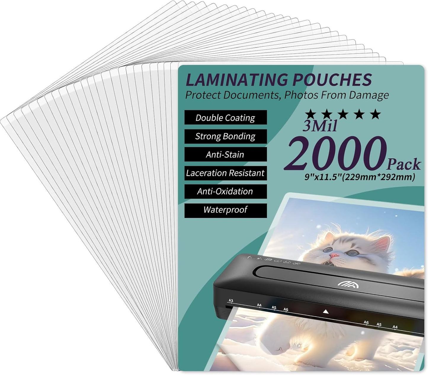 Laminating Sheets - 3Mil 2000 Pack Thermal Laminating Pouches, 9"x11.5" Clear Laminate Sheets for Schedules, Menus, Certificates, Art Drawings, Round Corner