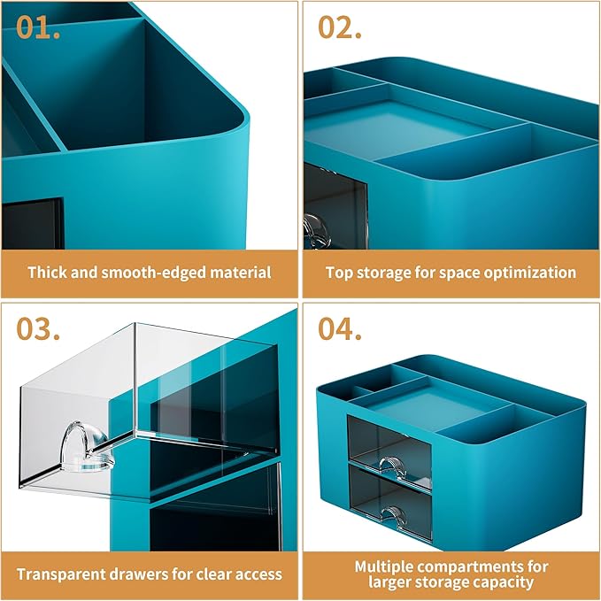 Marbrasse Pen Organizer with 2 Drawer, Multi-Functional Pencil Holder for Desk, Desk Organizers and Accessories with 5 Compartments + Drawer for Office Art Supplies (Dark Green)