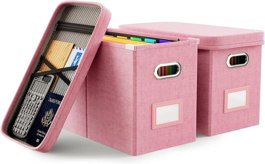 Oterri File Organizer With Lid, Hanging Filing Box With Mesh Pocket, Document Organizer for Letter Files, Portable Storage With Smooth Sliding Rail for Office & Home (2 PCS, Pink)