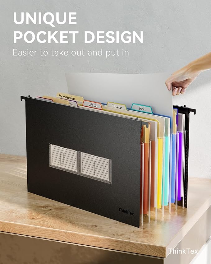 ThinkTex Plastic Expanding Hanging File Folders, 7 Innovative 1.2" Accordion Pockets, Large Capacity, Multi-Color Tabs, Legal Size for Filing Cabinet - 3 Packs