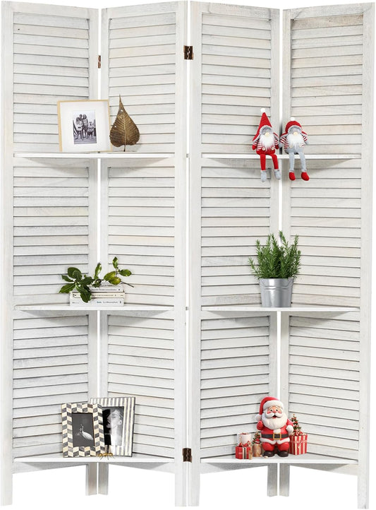 NicBex 4 Panel Room Divider,5.6FT Wood Carved Room Dividers with Display Shelves Folding Privacy Screens Portable Freestanding Partition Wall Dividers for Room Separation,Home Bedroom Office,White