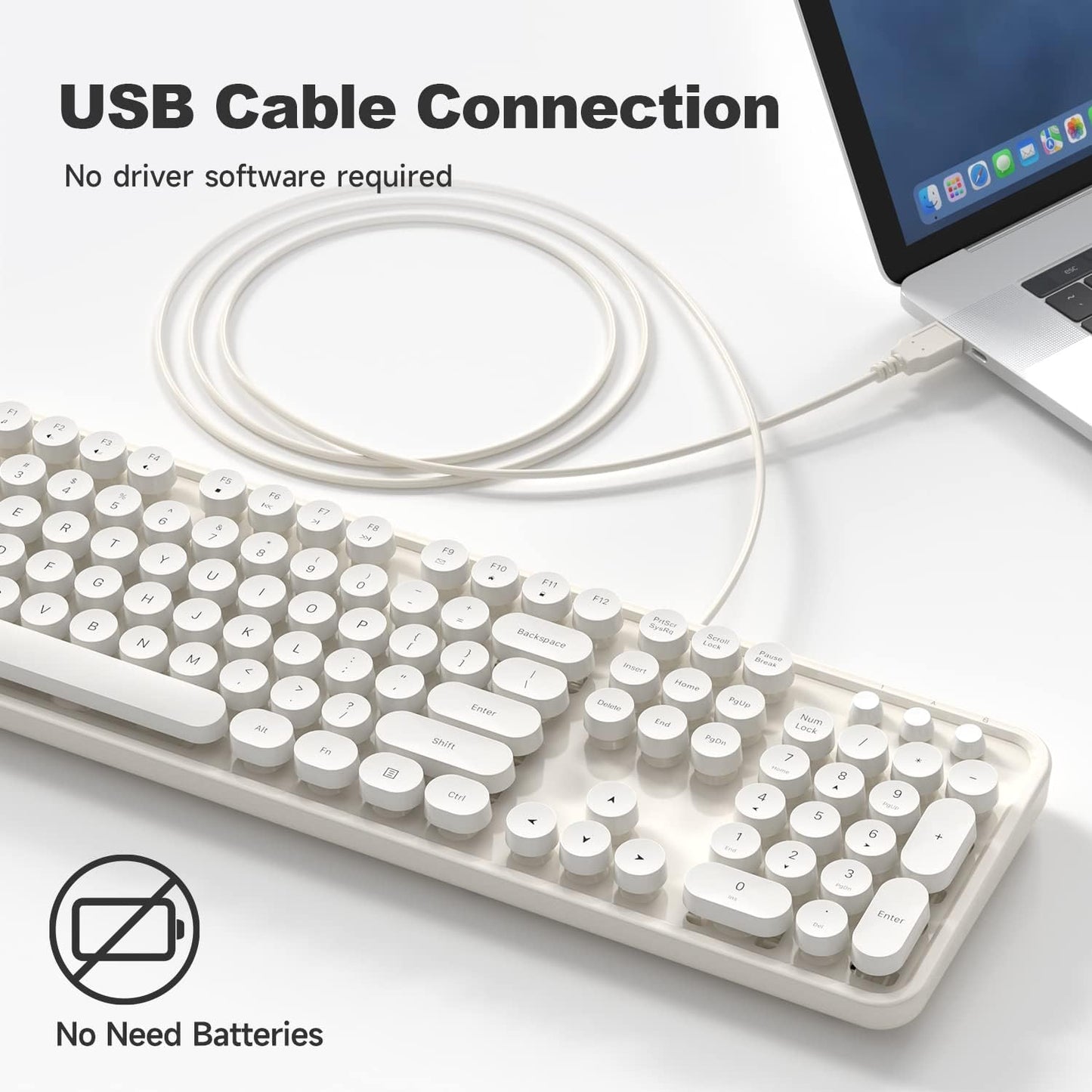 USB Wired Computer Keyboard - Retro Typewriter Keyboard - Full Size Keyboard with Number Pad for PC Laptop Desktop Windows (Creamy White)