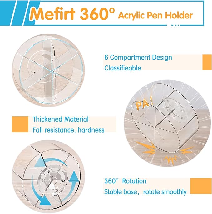Acrylic Pen Holder, 2 Pack 360 Rotating Organizer With 6 Compartments, Desk Office Storage for 800 Pens, Markers, Crayons and Art Supplies
