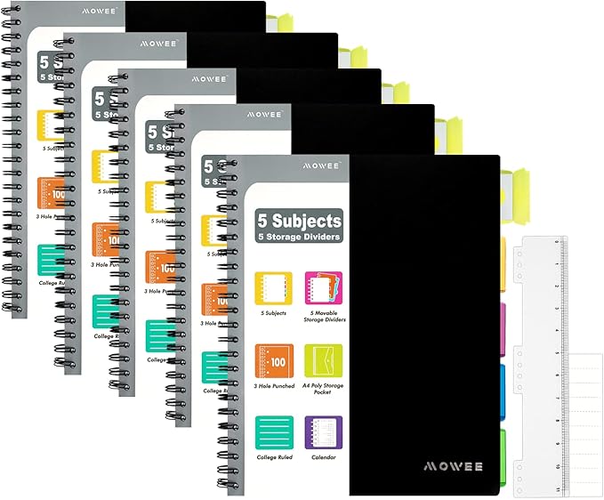 Spiral Notebook - 5 Subject Notebook, College Ruled Notebook With Dividers Pocket, Tabs Label (5PackBlack)
