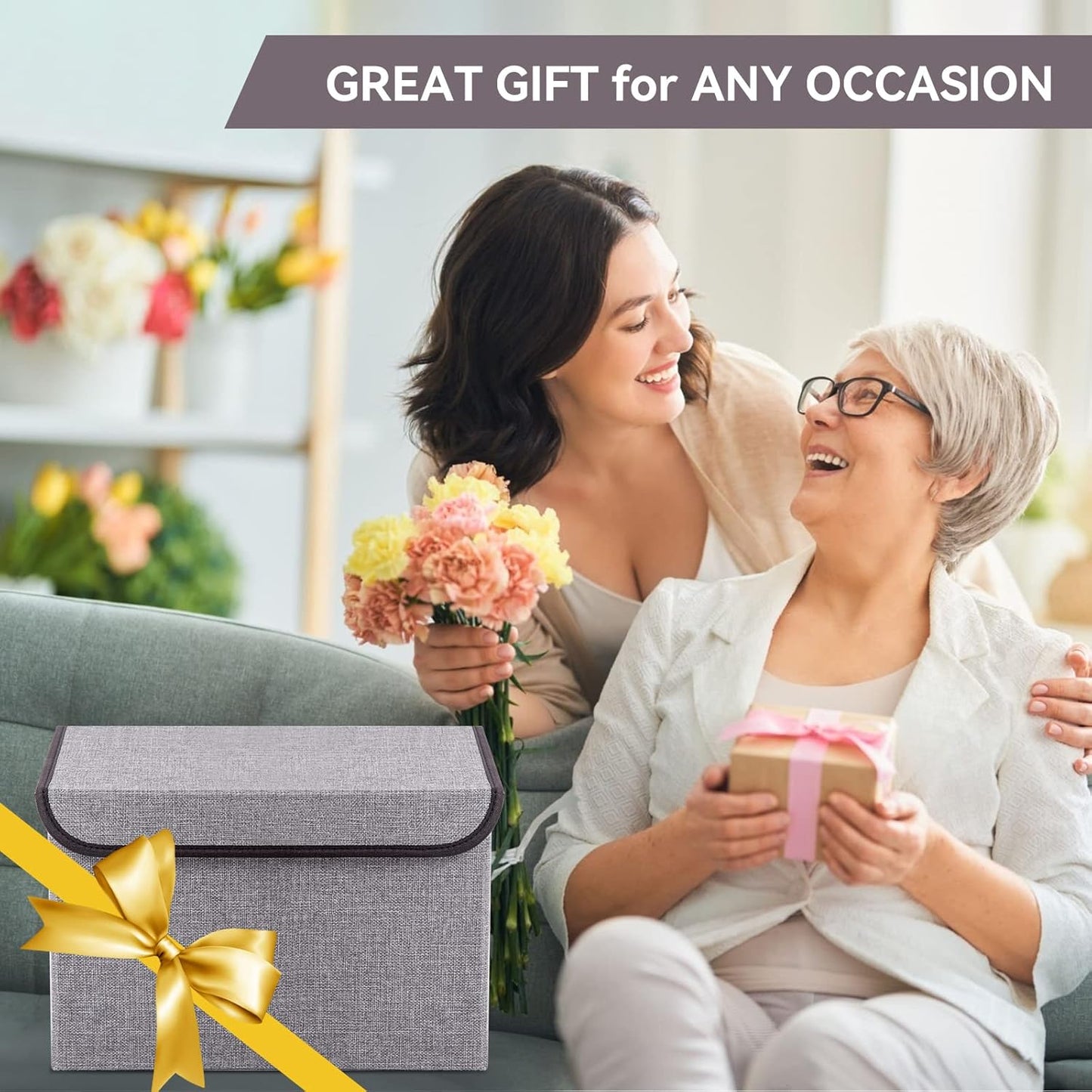 Large 17" 42 Quarts Collapsible Stackable Storage Bins with Lids [3-Pack] Foldable Fabric Linen Storage Boxes Cube, Closet Organizer Baskets with Label for Home (16.7 x 12 x 12, Gray)