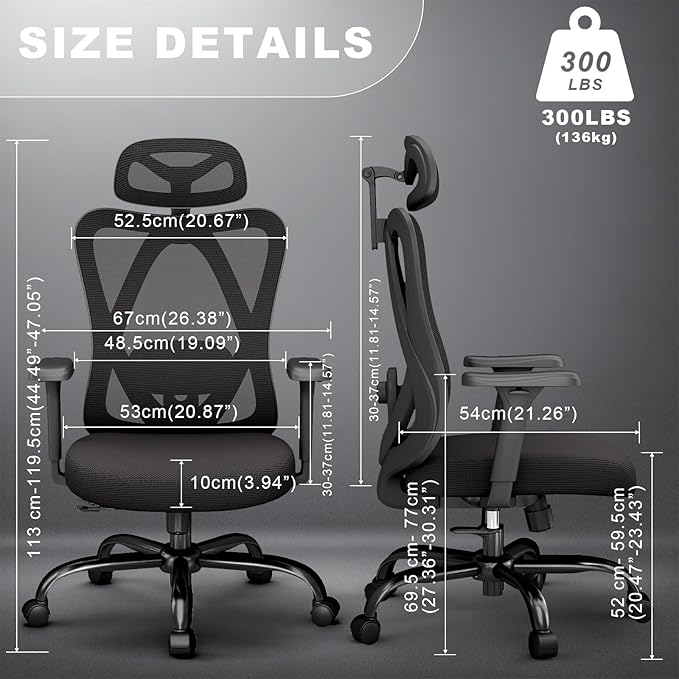 Ergonomic Office Chairs with Adjustable Headrest and Lumbar Support, High Back Mesh Home Computer Desk Chairs with 3D Armrest, 360° Swivel Wheels and Rocking Function, Black