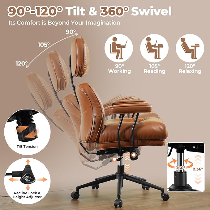 ovios Home Office Chair, Mid-Century Modern Faux PU Leather Chairs with Lumbar Support Comfy Thick Cushion, High Back Ergonomic Swivel Rolling Executive Armchair (Brown, PU Leather)