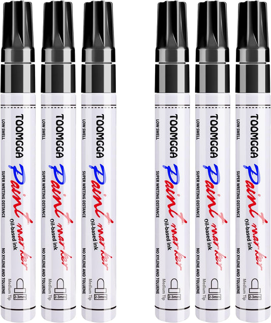 Black Paint Pens Permanent Paint Markers - 6 Pack Oil Based Marking Pens, Medium Point, Quick Drying and Waterproof Pens for Rock Painting Car Tyre Metal, Plastic, Canvas, Wood