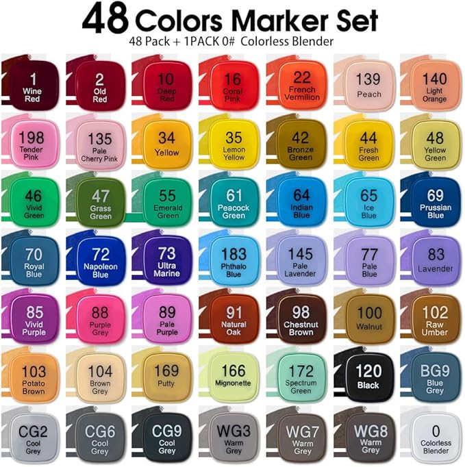 TRANSON Alcohol Markers for Drawing Coloring 48 Colors Dual-tip Chisel and Brush Tips