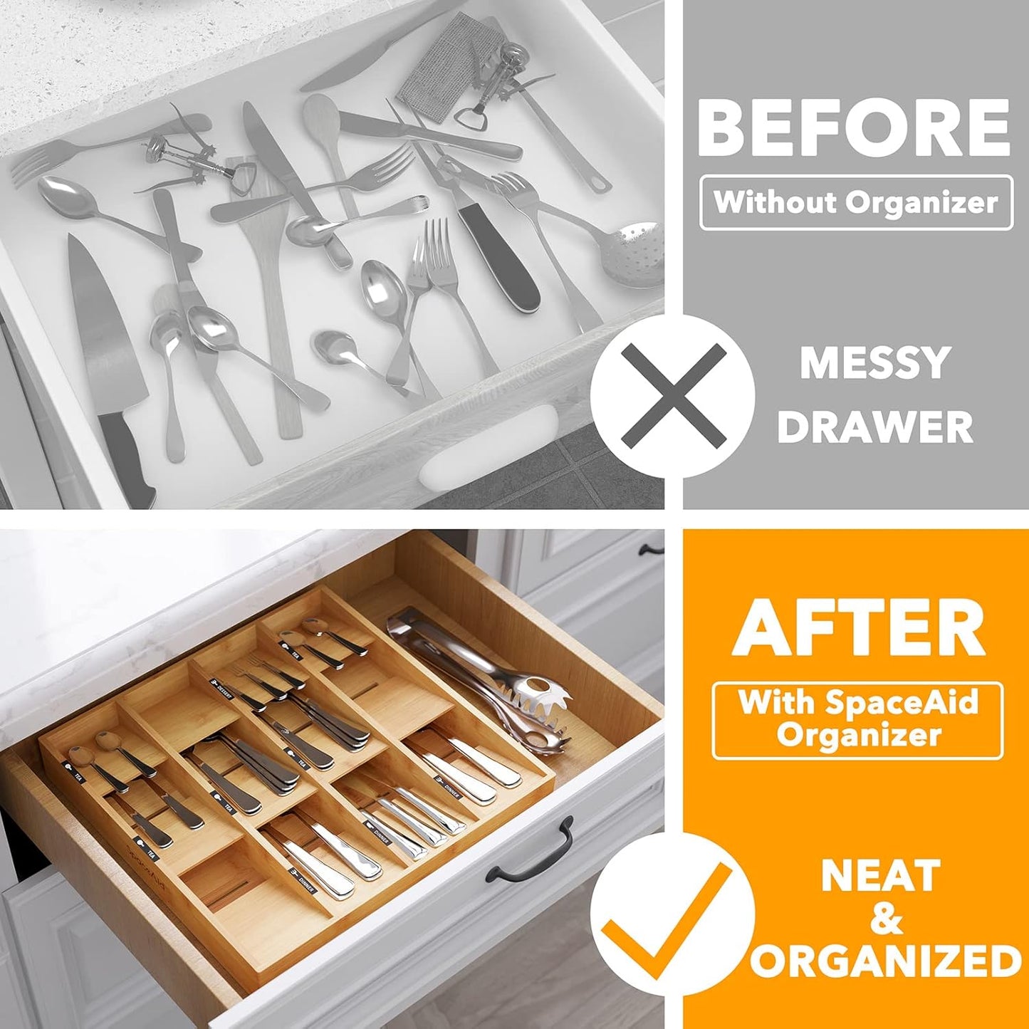 SpaceAid Bamboo Silverware Drawer Organizer with Labels, Kitchen Utensil Tray Holder Organizer for Flatware, Cutlery, Spoon and Knives Drawer Storage Organization (12 Slots)