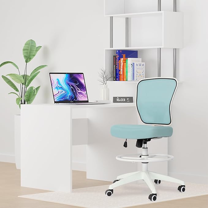 Drafting Chair Adjustable Height Tall Office Chairs Standing Desk Chair Rolling Stool Chair Armless Office Drafting Chair Blue