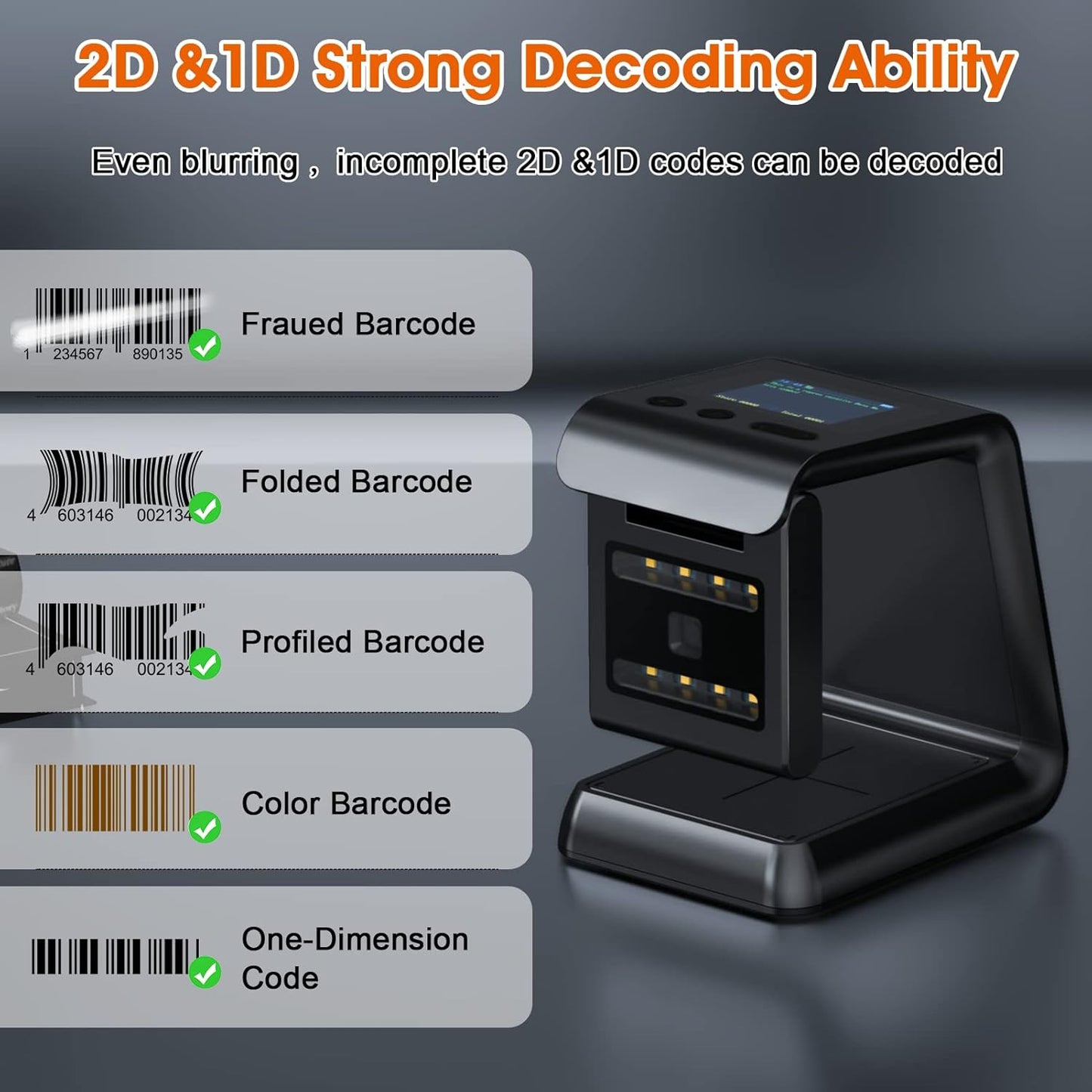 Alacrity 2D QR Wireless Barcode Scanner Hands-Free Omnidirectional Desktop Bar Code Scanner with Screen Display Compatible with Bluetooth & 2.4GHz Wireless for Airport Supermarket