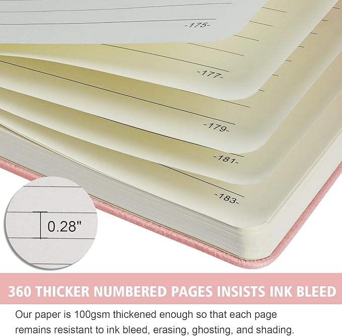 Lined Journal Notebook, 360 Numbered Pages(With page number), Thick Journal for Writing B5 College Ruled Notebook, 100gsm Lined Paper, Leather Hardcover, 9.8'' X 6.9''-Pink