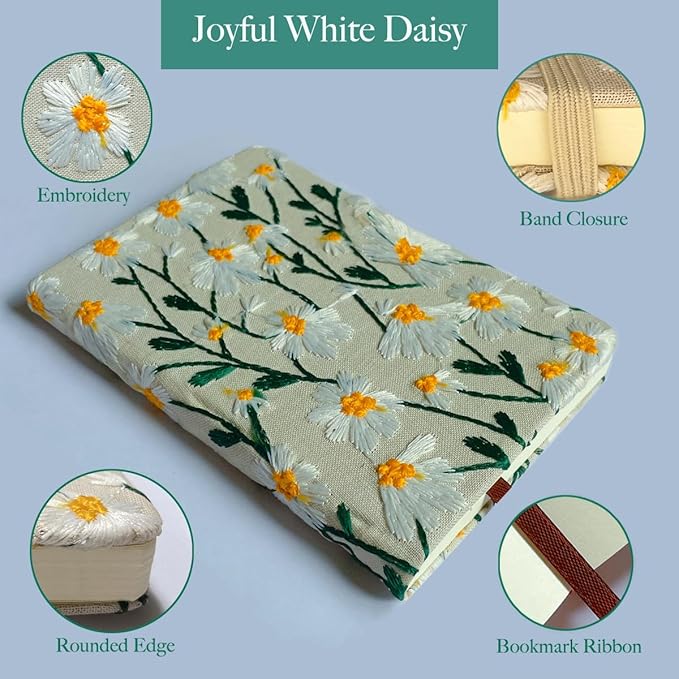 Pocket Journal, Small Notebook, A6 Sketchbook, 4x6, Unlined, Flower Embroidered Notebook, Blank, Hardcover, Lay Flat, Elastic Band, Beautiful Journal, Daisy Gifts for Women, White Daisy