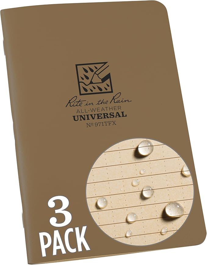 Rite in the Rain Weatherproof Stapled Notebook, 4 5/8" x 7", Tan Cover, Universal Pattern, 3 Pack (No. 971TFX)