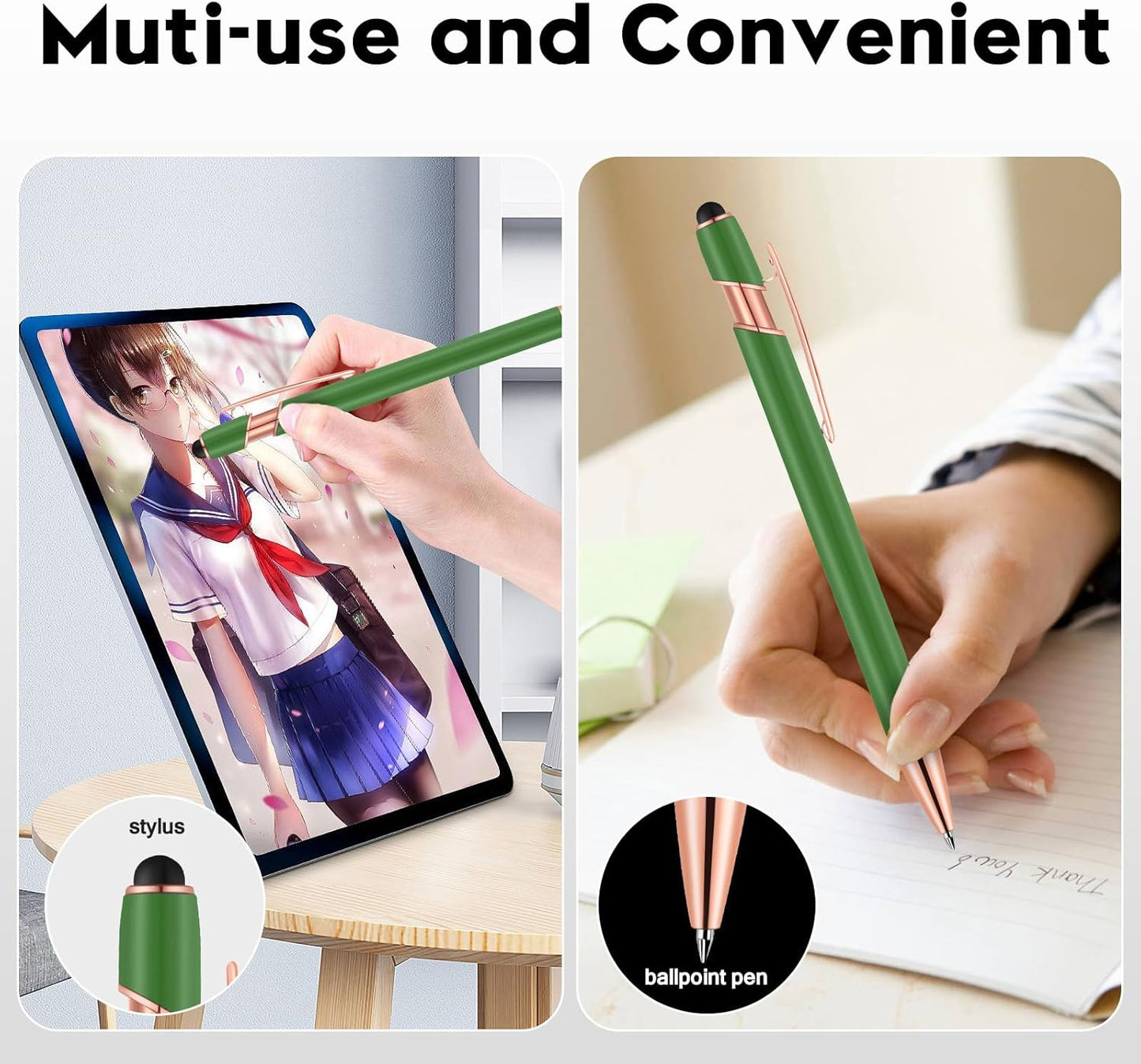 12 PCS 2 in 1 Stylus Ballpoint Pen with Stylus Tip, 1.0 mm Black Ink Metal Pen Stylus Pen for Touch Screens (Light Green)