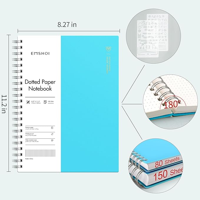 EMSHOI A4 Spiral Notebook Bullet Dotted Journal, 11.2" X 8.27", 300 Pages/150 Sheets, 100gsm Dot Grid Paper, Waterproof Softcover, Twin-Wire Binding, for School Work Writing Note Taking-Blue