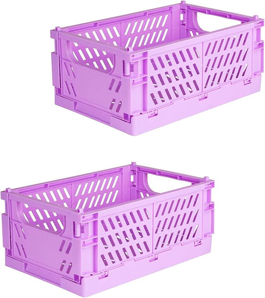 Tixill 2-Pack Mini Foldable Plastic Baskets for Organizing and Storage, Collapsible Storage Crate for Home Kitchen Bedroom Bathroom Office (5.9x3.8x2.2, Purple)