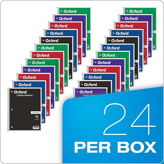 Oxford Spiral Notebooks, Bulk College Ruled Spiral Notebooks for School, 1-Subject, College Ruled Paper, 70 Lined Sheets, 24 per Pack, 3-Hole Punch, Colors May Vary (65021)