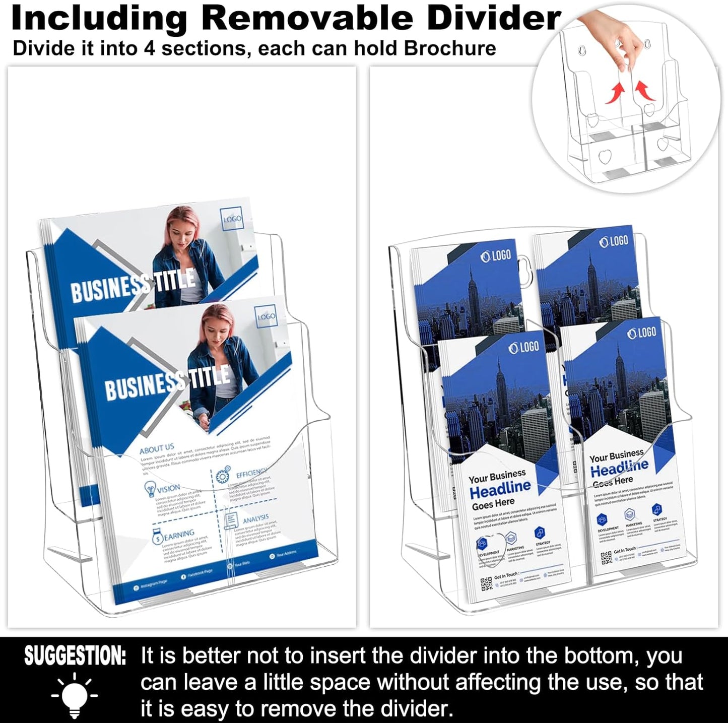 2 Pack Acrylic Brochure Holder 8.5 x 11 in, 2 Tier Brochure Display Stand with Removable Divider for 4 x 9 in Trifold Pamphlets, acrylic flyer holder 8.5 x 11 Stands for Flyer, Pamphlet, Magazine