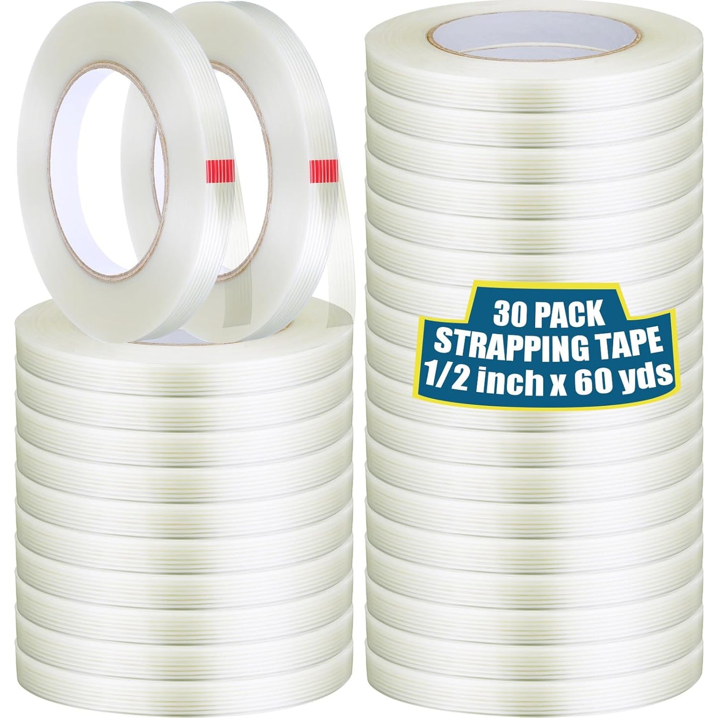 Treela 30 Rolls Filament Strapping Tape 5.5 Mil Transparent Reinforced Fiberglass Heavy Duty Packing Shipping Tape for Sealing Binding Fixing (1/2 Inch X 60 Yards)