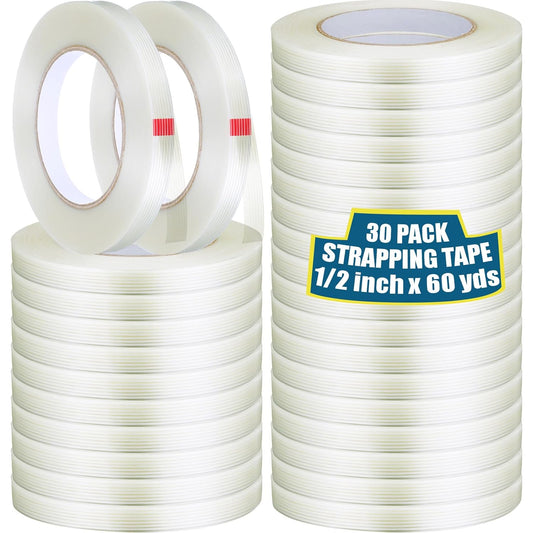 Treela 30 Rolls Filament Strapping Tape 5.5 Mil Transparent Reinforced Fiberglass Heavy Duty Packing Shipping Tape for Sealing Binding Fixing (1/2 Inch X 60 Yards)