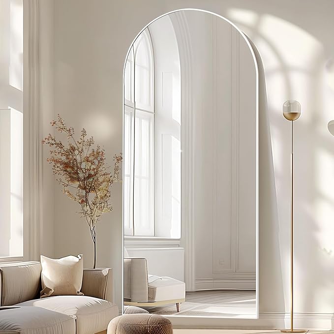 MELOMOIR 76"x34" Arched Oversized Mirror Full Length, Free Standing Leaning or Hanging, Thin Aluminum Frame, Tempered Glass, Suitable for Living Room Bedroom Cloakroom Hallway Home Gym, White