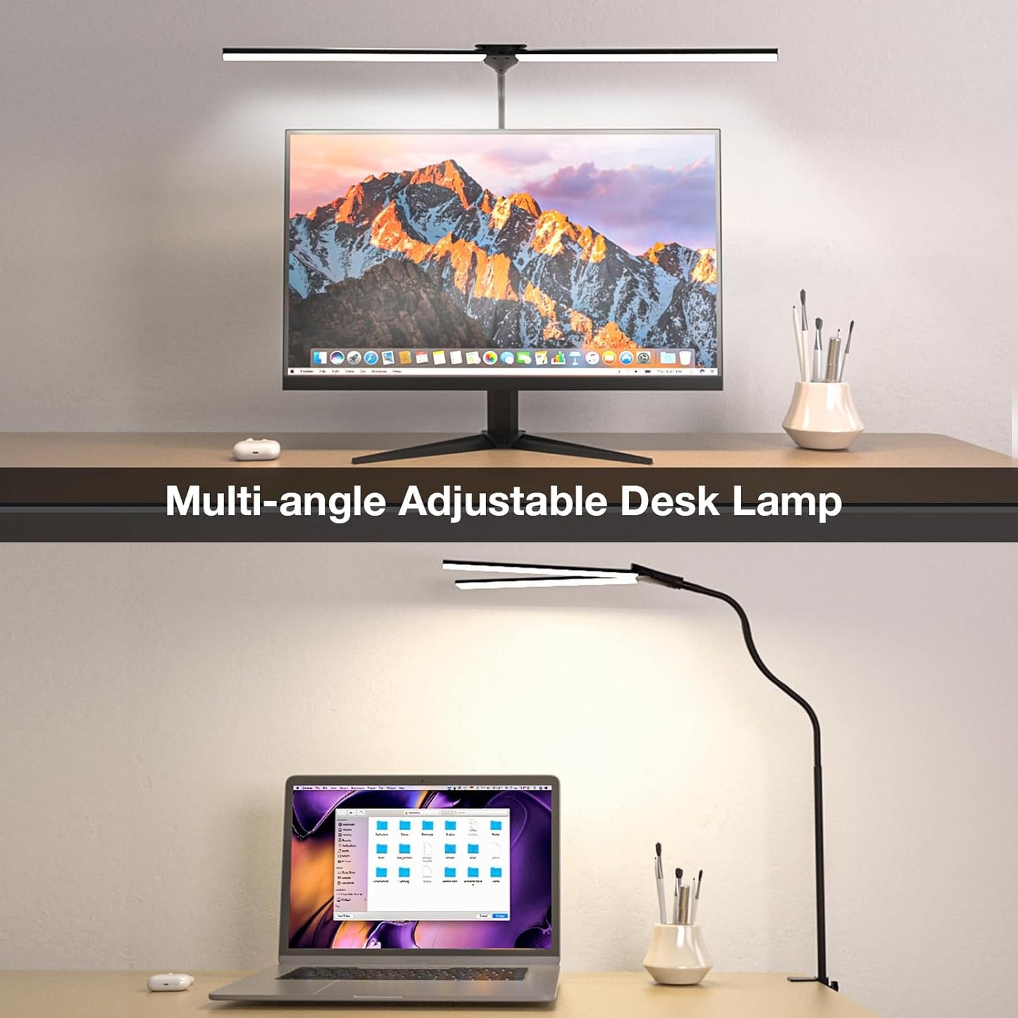 LED Desk Lamp for Home Office, Bright Double Head Desk Lamp with Clamp, Dimmable 5 Color Modes Desk Lighting, 12W Eye-Caring Architect Table Lamp for Workbench, Monitor, Reading, Study, 1400lm