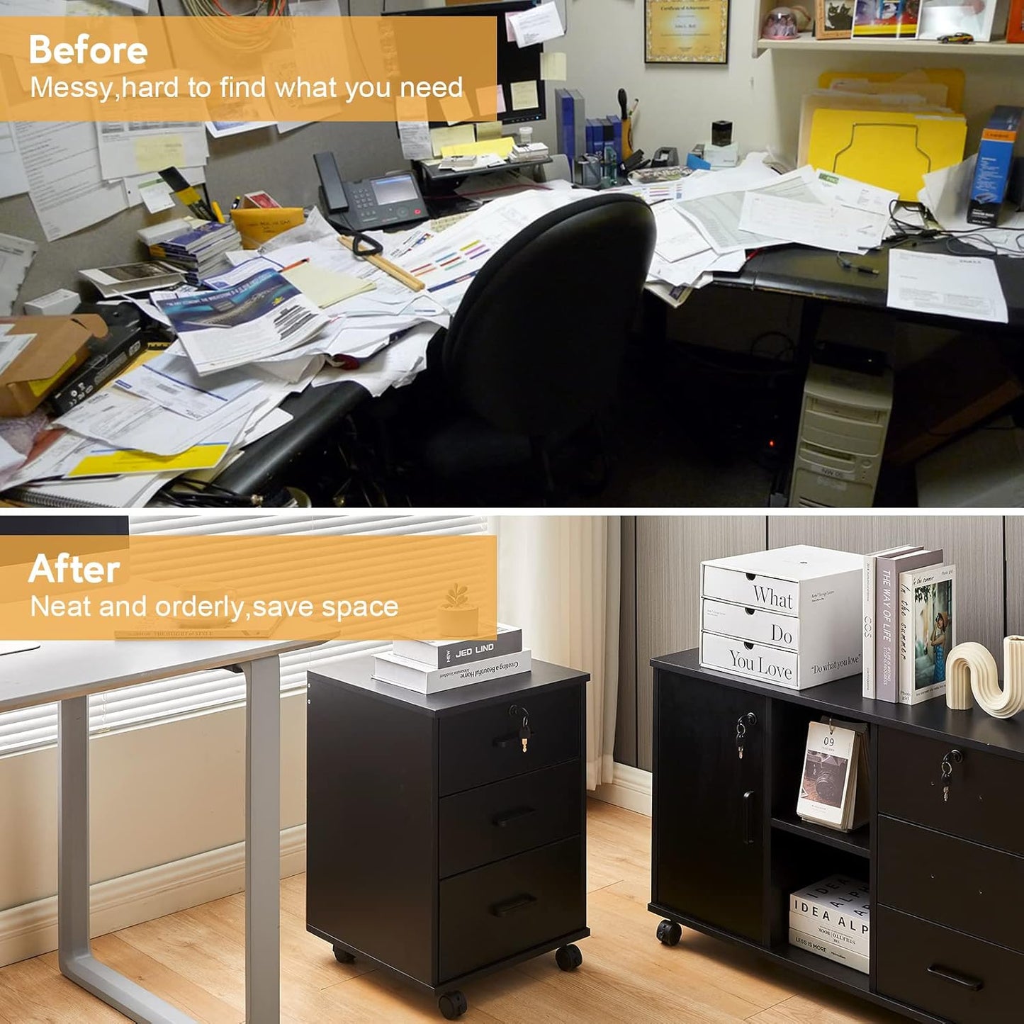 TUKAILAi Mobile File Cabinet with 3 Drawers, Lockable Storage Unit Wooden Rolling Office Filing Cabinet with Wheels, for Legal/Letter/A4 Sized Documents Home Office (Black 2PCS)