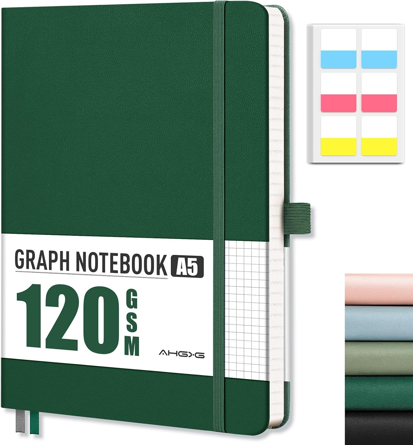 AHGXG Graph Paper Notebook - Grid Notebook Journal A5, 120 GSM Thick Graph Paper, 160 Pages, Leather Hardcover, for Graphing, Writing, Math, Engineering, 5.75'' × 8.38''- Green