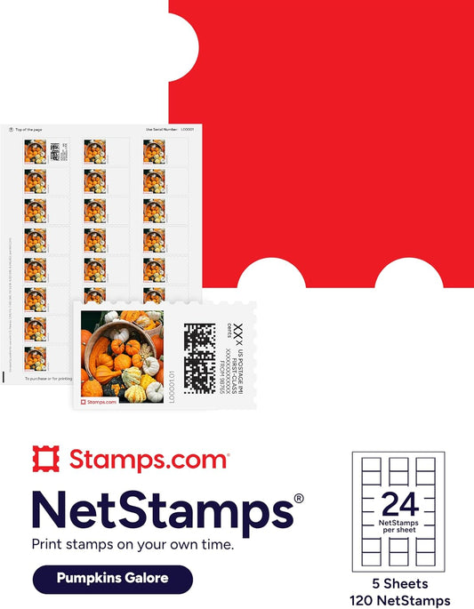 Pumpkins Galore NetStamps 120-Pack (5 Sheets) Printable Postage Labels (Stamps.com Subscription Required) - Print Approved Postage - Inkjet & Laser Printers - Business, Personal, Home