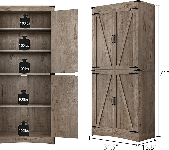71in Farmhouse Kitchen Pantry Cabinet,Tall Storage Cabinet with 4 Doors and Adjustable shelves,with Load-Bearing Steel Pipe,Wood Storage Cabinets for Kitchen,Dining Room,Bathroom(Light Rustic Oak)