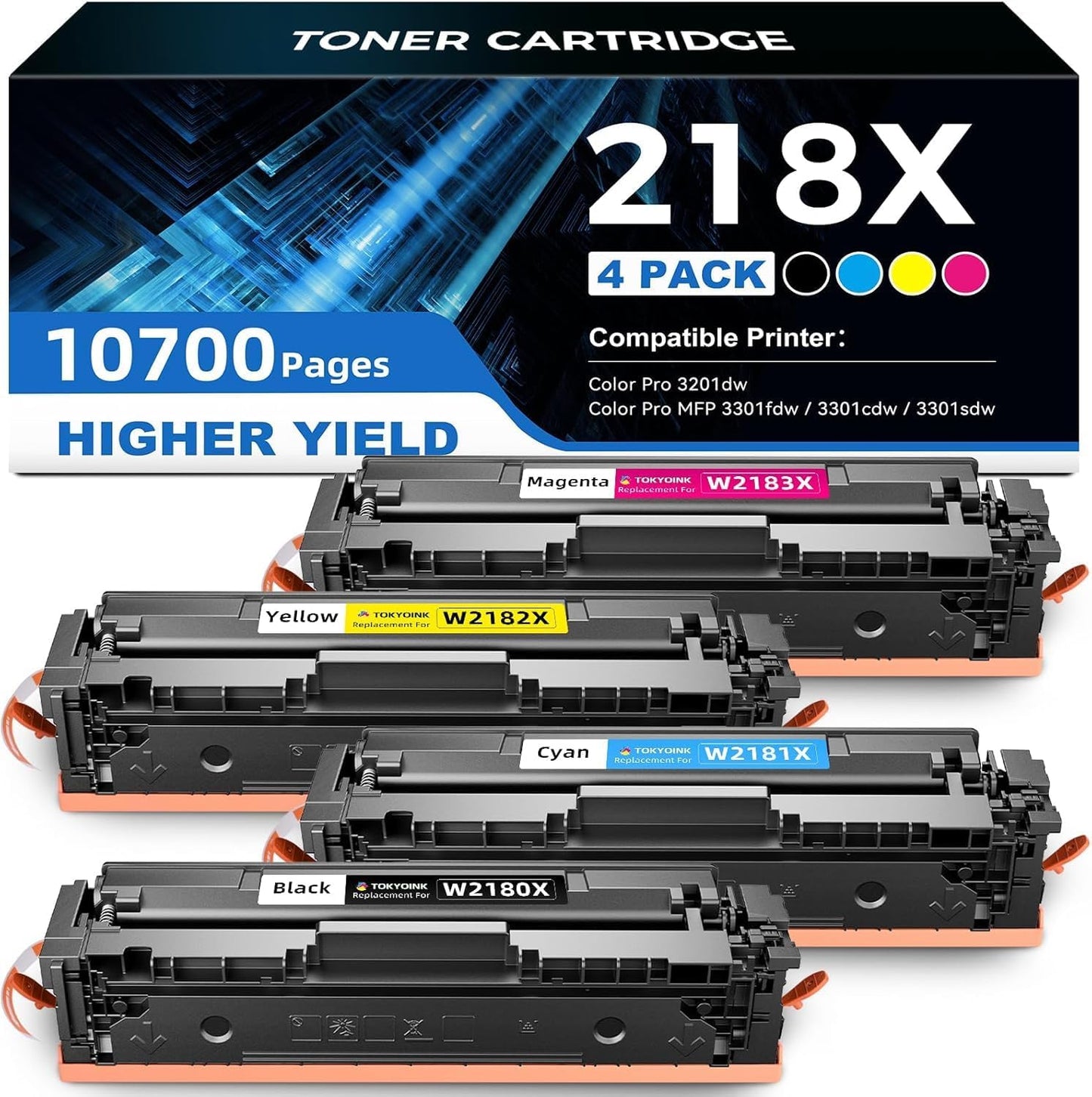218X 218A High Yield Toner Cartridge 3301fdw Toner Replacement for HP 218A 218X Toner Cartridges 4 Pack Work with HP Color Pro MFP 3301fdw 3301cdw 3301sdw 3201dw, 3201 3301 Series Printer Ink NO CHIP