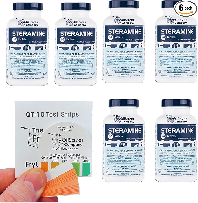 Pack of 6 (900 Tab) Steramine Sanitizing Tablets w/ 30x QT-10 Test Strips by FryOilSaver Co., Steramine Multi Purpose Contact Solution Sanitizer Tablets for Gym, Hotel, Bar, Restaurants & Food Service