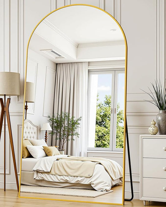 Full-Length Floor Mirror with Stand, 78"x38" Arched Style Full Body Standing Mirror for Bedroom, Living Room, Gym, Dorm - Shatter-Resistant & Easy Assembly, Gold