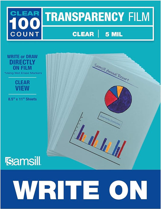 Samsill 100 Pack 8.5" x 11" Clear Write On Transparency Film, 5 mil, for Use with Dry Erase Markers only, Not for Use in Printer, Acetate Sheets