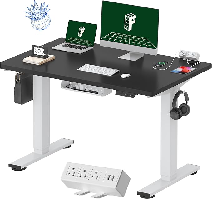 FLEXISPOT EN2 Whole-Piece Standing Desk with Clamp Power Strip, 48 x 30 Electric Stand Up Height Adjustable Desk with Cable Management (White Frame + 48" Black Top, 2 Packages)