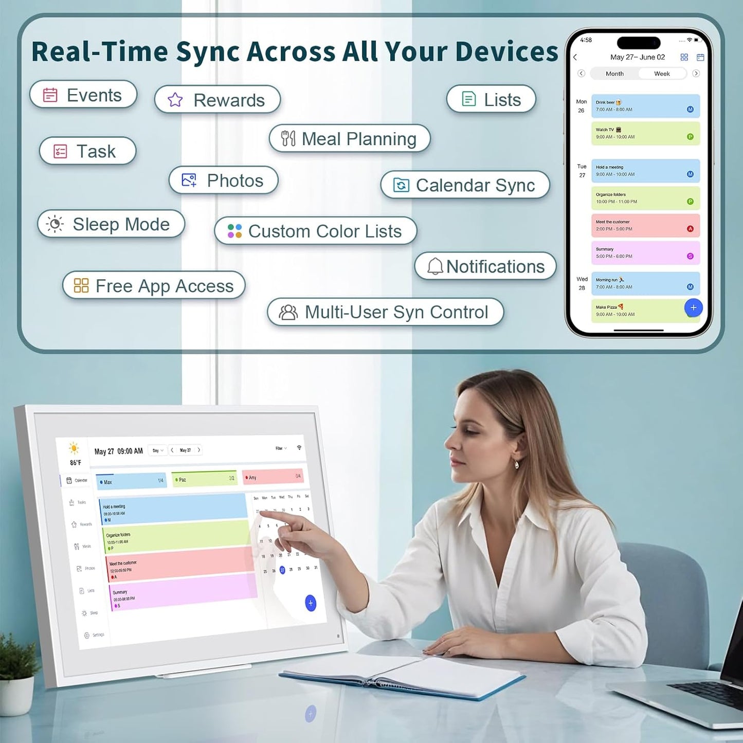 Digital Calendar, 21.5 Inch Wall Planner Digital Calendar & Chore Chart, IPS HD Touchscreen Interactive Display for Family Schedules, Streamline Household Organization, Wall Mount Included