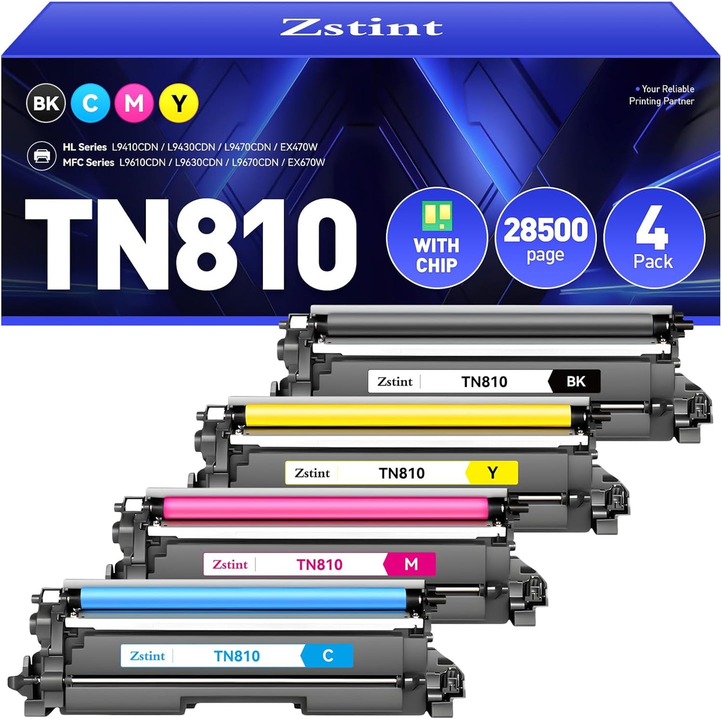 TN810 TN810XL Toner Cartridges Set 4-Pack Replacement Compatible for Brother MFC-L9610CDN HL-L9410CDN HL-L9430CDN HL-L9470CDN EX470W MFC-L9630CDN L9670CDN EX670W Color Printer Black Cyan Yellow Magent
