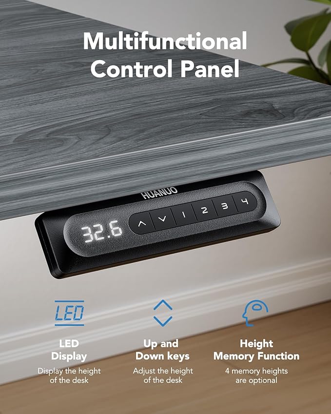 HUANUO 63" x 28" Electric Standing Desk Adjustable Height, 4 Memory Height Settings, Headphone Hook, Cable Manager, Sit Stand Up Desk for Home Office & Computer Workstation, Grey