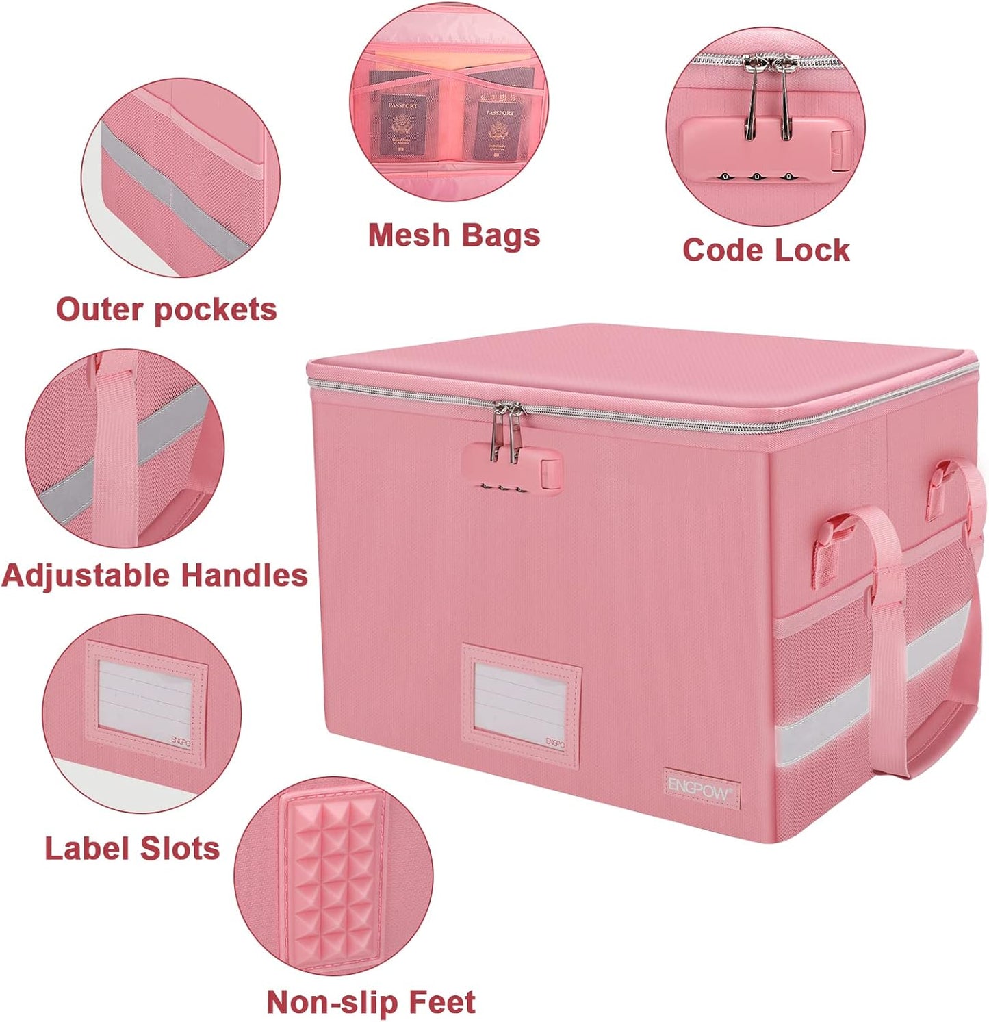 ENGPOW File Box with Lock, Fireproof Document Box with Zipper＆Pockets, Collapsible File Organizer Filing Storage Cabinet with Handle, Portable Home Office Safe for Hanging Letter/Legal Folder, Pink